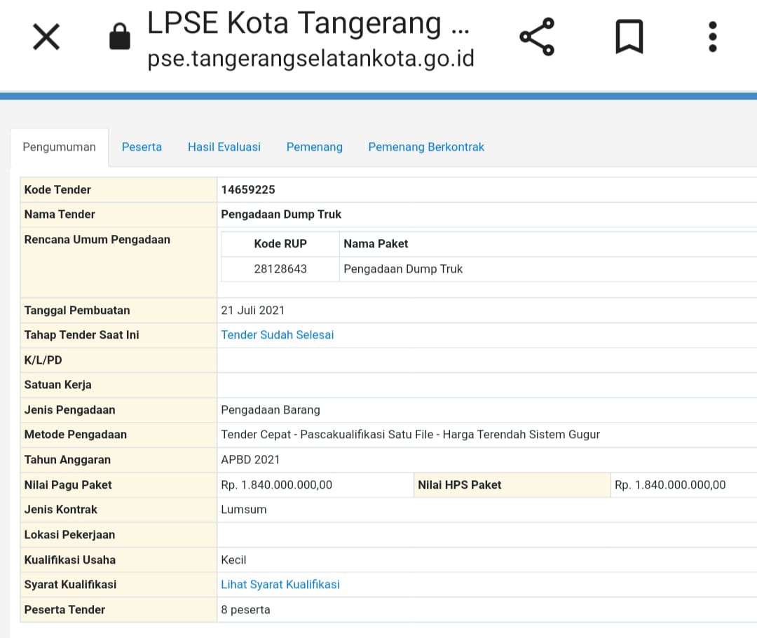 Satker Pengadaan Dumpt Truk Tidak Tertera, DLH Tangsel Sebut Sistem Error